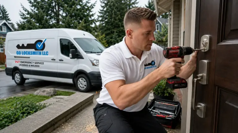 Go Locksmith Las Vegas technician installing a deadbolt on a home front door with the mobile locksmith van in the driveway, Las Vegas NV