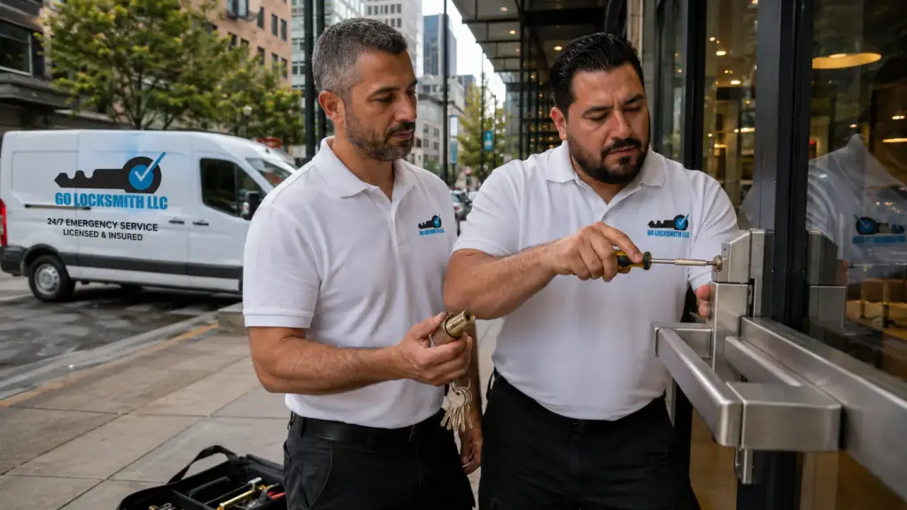 Go Locksmith technicians servicing a commercial door lock in southwest Las Vegas