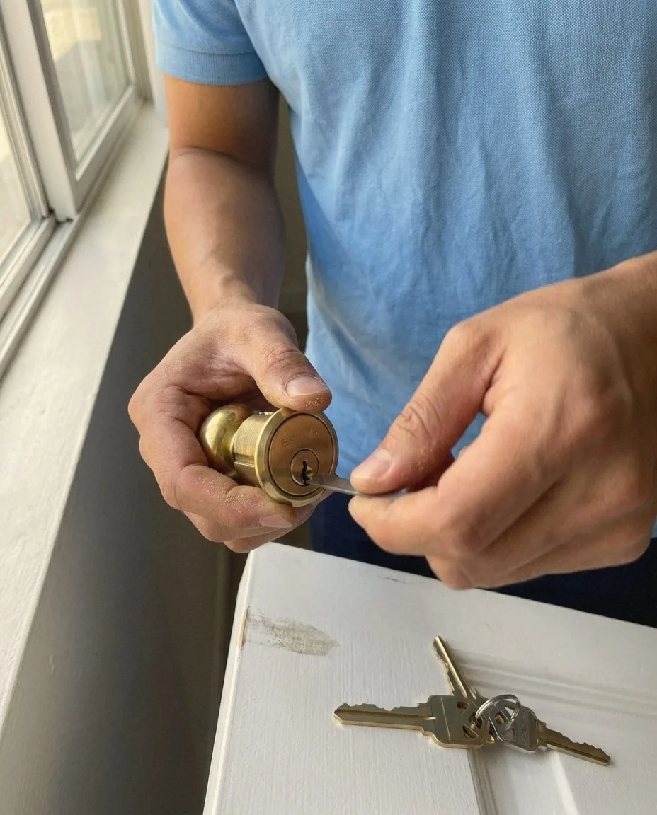 Go Locksmith Las Vegas technician's hands rekeying a residential knob cylinder with a rekeying tool and fresh keys at a Las Vegas front door