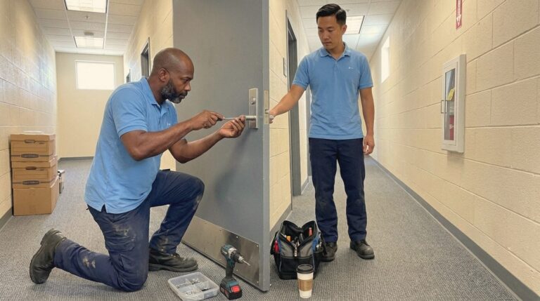 Go Locksmith technicians installing new commercial lock hardware on a steel door in a Henderson office corridor