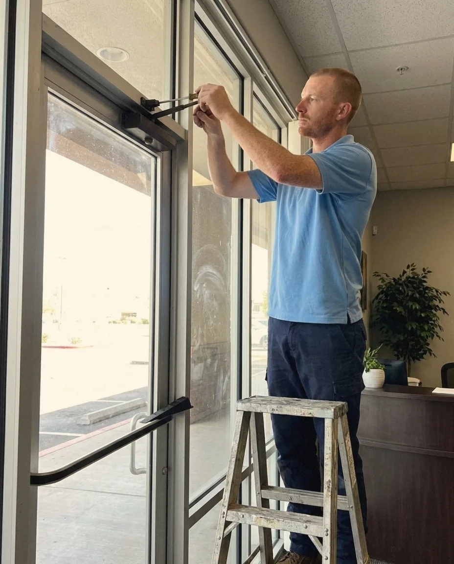 Go Locksmith Las Vegas technician adjusting a surface-mounted hydraulic door closer on an aluminum storefront door, Las Vegas