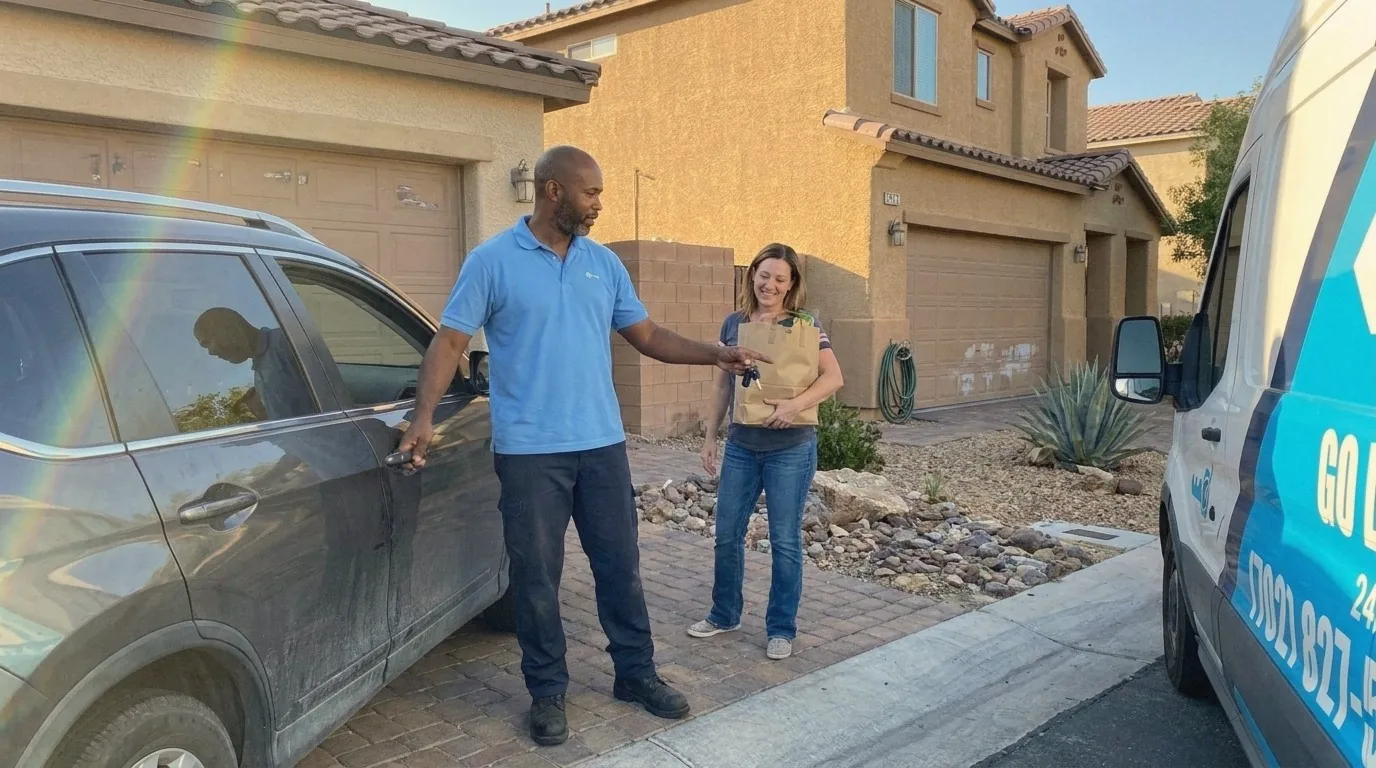 Go Locksmith Las Vegas technician handing a customer her keys after opening her locked SUV in a Las Vegas driveway