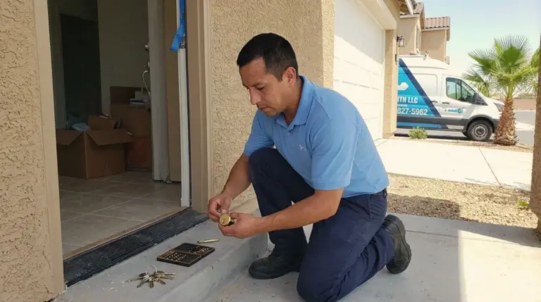 Go Locksmith Las Vegas technician rekeying a front door deadbolt cylinder at a southwest Las Vegas home