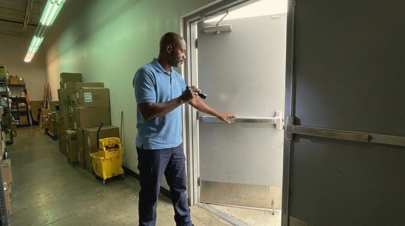 Go Locksmith Las Vegas technician testing a panic bar on a commercial exit door, Henderson