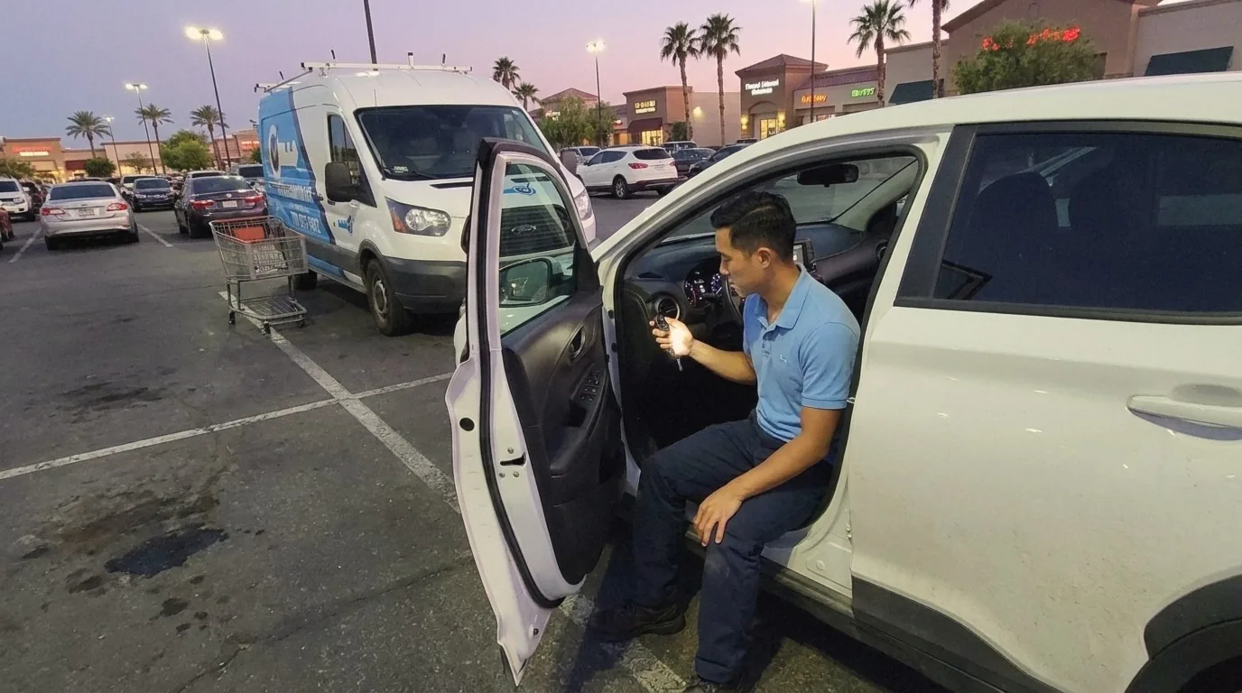 Go Locksmith Las Vegas technician checking a push-to-start key fob inside a crossover opened in a Las Vegas parking lot at dusk