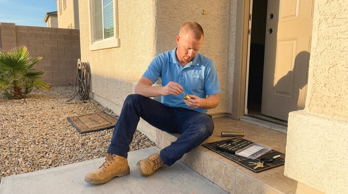 Go Locksmith technician rekeying a deadbolt cylinder with a pinning kit at a Las Vegas front door