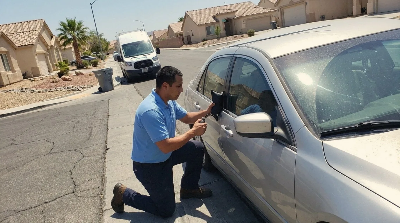 Go Locksmith Las Vegas technician using an inflatable air wedge on the driver door of a silver sedan locked with the keys inside on a Las Vegas residential street